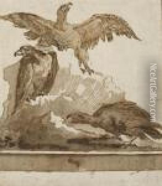 Three Eagles On A Rock Oil Painting - Giovanni Domenico Tiepolo