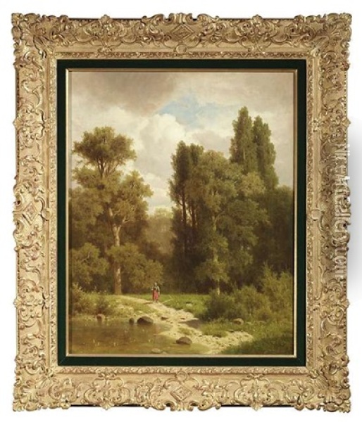 Waldlichtung Im Sonnenlicht. Eine Bauerin Verharrt Auf Einem Feldweg Oil Painting - Adolf Chwala