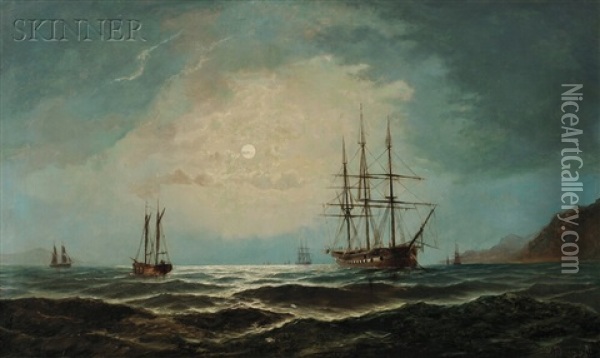 Vessels Sailing Under A Full Moon Oil Painting - David James