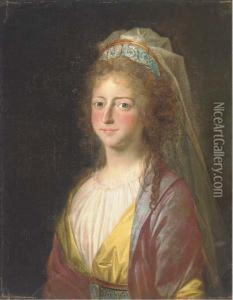 Portrait Of A Lady, Bust-length,
 In A Pink Costume; Traditionallyidentified As Sophia Magdalena Of 
Denmark Wife To King Gustav Iiiof Sweden Oil Painting - Alexander Roslin