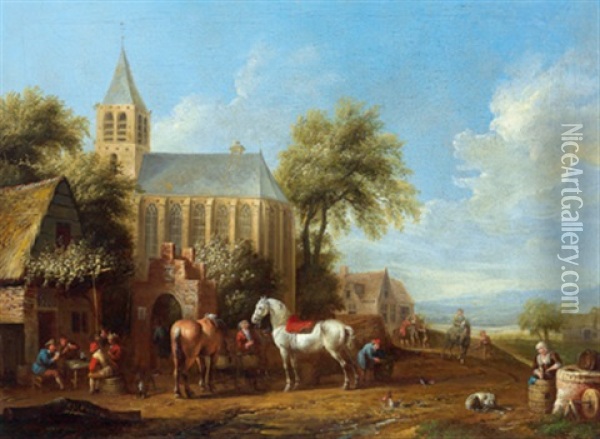 Rastende Reiter Vor Einer Schenke In Einem Dorf Oil Painting - Cornelisz van Essen