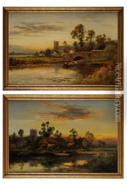 Scenes Of Riverside Villages At Sunset (pair) Oil Painting - William Langley
