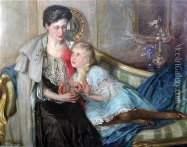 Portrait Of A Mother And Daughter Playing Cat's Cradle Oil Painting - John William Schofield