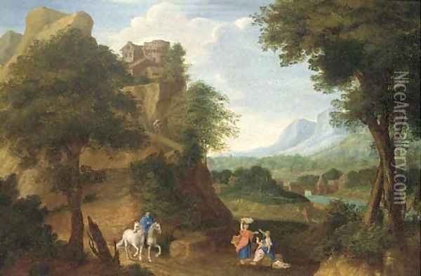 A river valley with a fortified house on a hill and a horseman and other figures on a track Oil Painting - Johannes (Polidoro) Glauber
