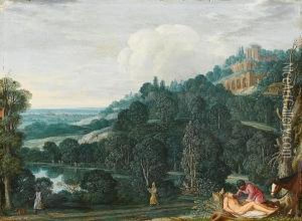 An Extensive Landscape With The Good Samaritan Oil Painting - Johann Konig