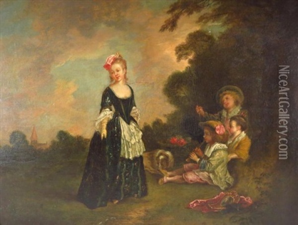 Woman With Young Boys & Dog Oil Painting - Louis Joseph Watteau