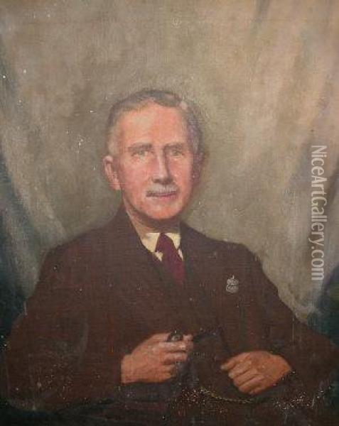 Early 20th Century- Portrait Of A Gentleman, Seated Holding A Pipe And Wearing An ''arp'' Badge Oil Painting - Paul, Paulin Martin
