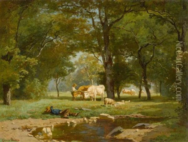 Landscape With Peasants And Cows Oil Painting - Albertus Gerardus Bilders