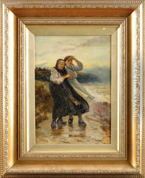 Waiting For The Fleet's Return - Two Cullercoats Fisherwomen On A Stormy Shore Oil Painting - Robert Jobling