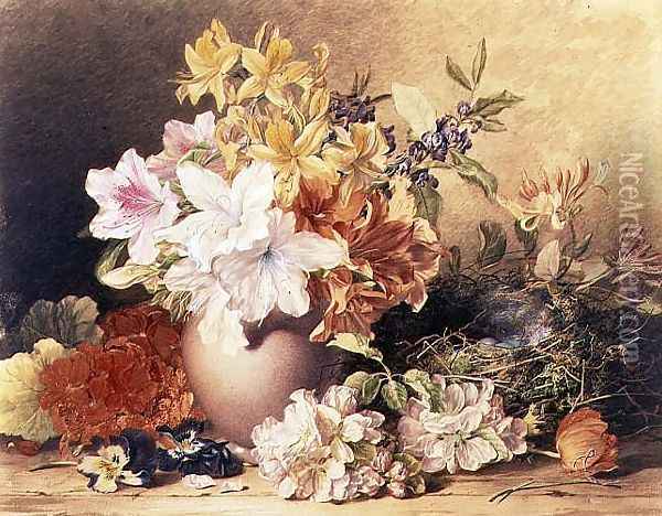 Flowers and a Birds Nest Oil Painting - Frances Elizabeth Rosenberg