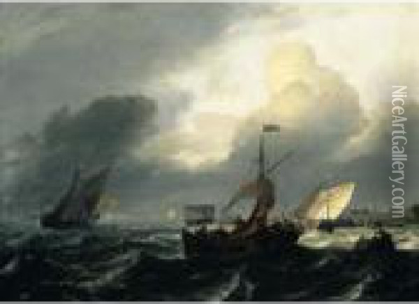 Small Dutch Vessels In Breezy Coastal Waters, A Harbour Beyond Oil Painting - Ludolf Backhuysen