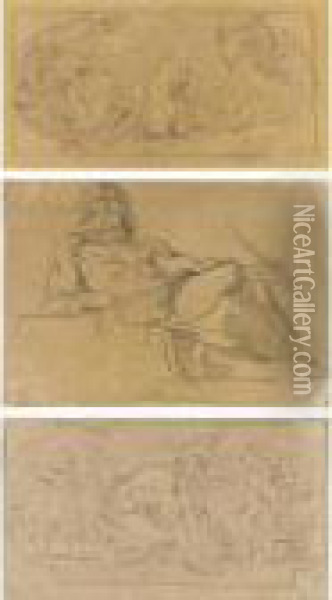 A Study For The Orpheus Group In The Peers' Library 
And
 Two Studies For Mercury And Mars From The Salon De La Paix: Three Drawings Oil Painting - Eugene Delacroix