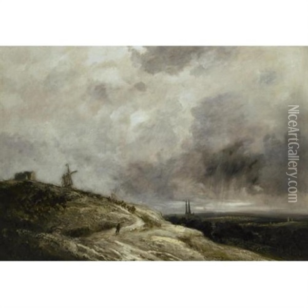 A Stormy Landscape With Windmills Oil Painting - Georges Michel