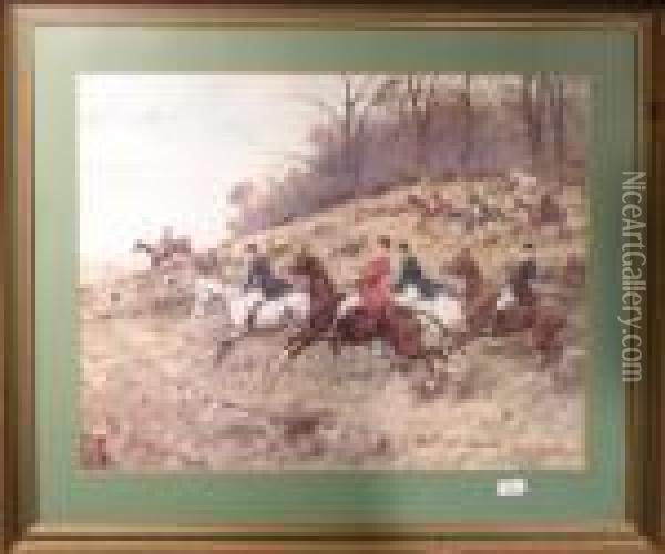 Huntsmen And Huntswomen Hounds Galloping Down A Hill From A
 Wood. Oil Painting - George Wright