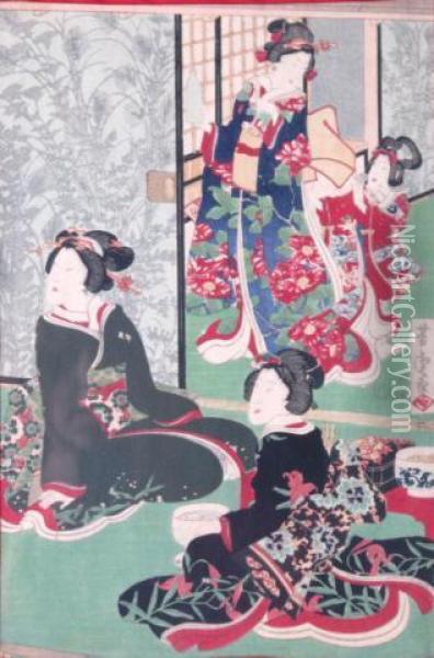Color Woodblock Depicting An Oiran Dressed In A Floral Motif Kimono And Her Retinue Oil Painting - Utagawa Yoshitora