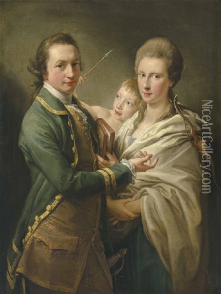 Group Portrait Of The Hon. Arthur Saunders Gore, Viscount Sudley, Later 2nd Earl Of Arran (1734-1809), And His Wife Catherine, Nee Annesley (1739-1770), With Their Son (?), Arthur Saunders Gore, Later 3rd Earl Of Arran (1761-1837), As Cupid, Three-quarter Oil Painting - Pompeo Girolamo Batoni