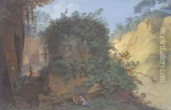 An overgrown tomb in a rocky landscape, with figures Oil Painting - Saviero Xavier della Gatta