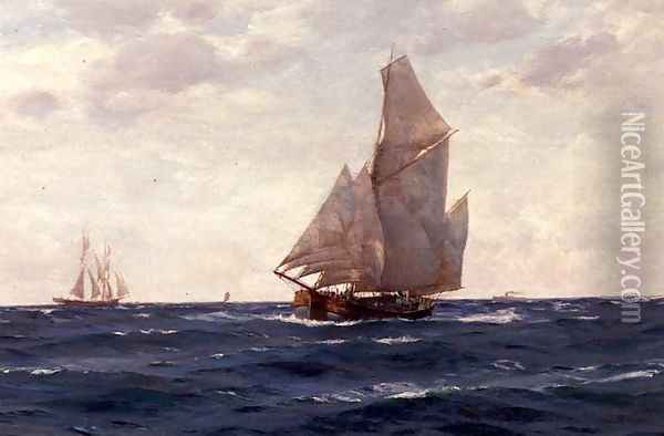 A Ketch and a Brigantine off the Coast, c.1905 Oil Painting - Thomas Jacques Somerscales