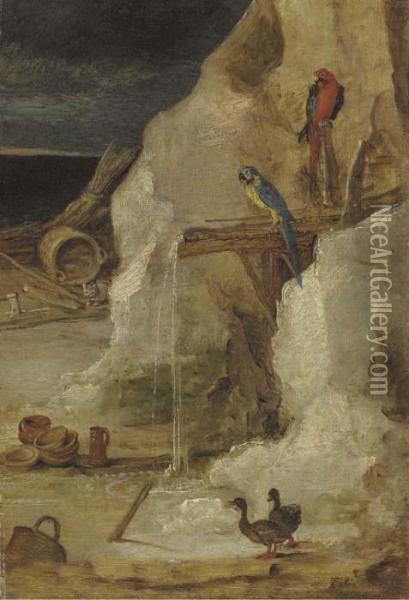 A Rocky Landscape With Parrots And Ducks Oil Painting - Joos De Momper