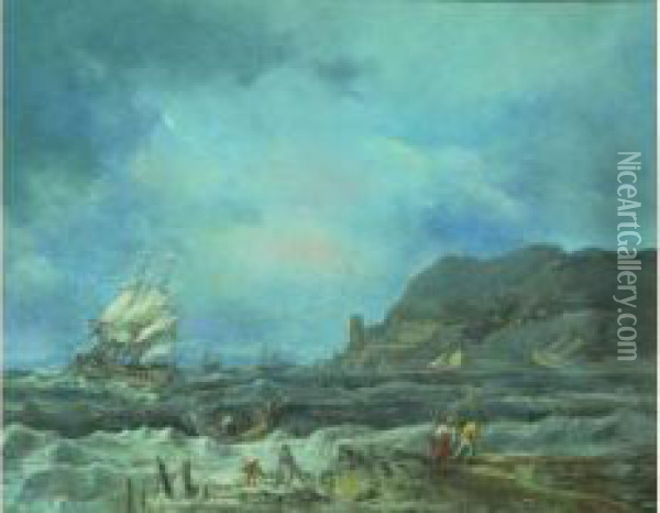 Navire Sur Mer Agitee Pres D'une Cote Rocheuse Oil Painting - Alexandre-Jean Noel