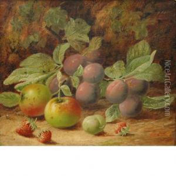 Still Life Of Apples, Plums And Strawberries Oil Painting - Oliver Clare