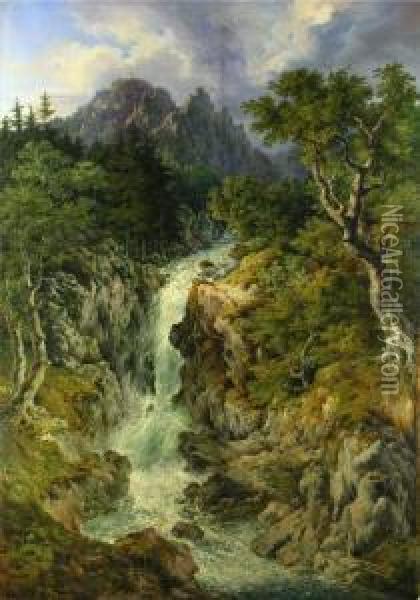 Gebirgsbach Mit Wasserfall Vor Felsmassiv Und Gipfelkreuz Oil Painting - Johann Wilhelm Schirmer