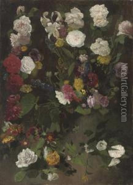 White Roses, Lillies, Poppies And Other Summer Blooms Oil Painting - Fabius Germain Brest