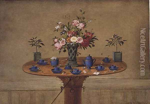 Still life with a vase of flowers and a tea service, 1810 Oil Painting - Jean-Louis Prevost
