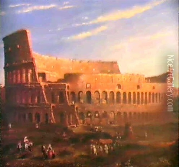 Veduta Del Colosseo Con Processioni Oil Painting - Ippolito Caffi