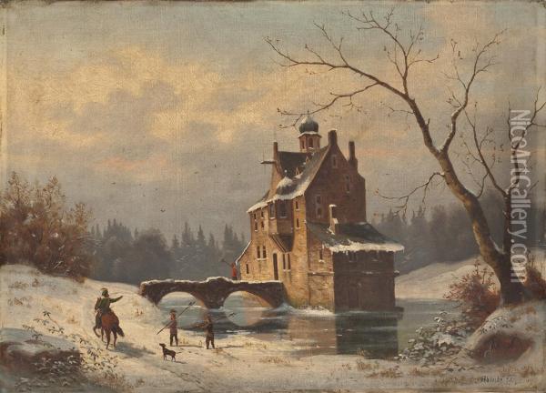 Wasserburg In Winterlandschaft Oil Painting - P. Habicht