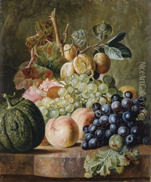 Nature Morte Aux Peches, Raisins, Prunes Et Melon Oil Painting - Paul Theodor van Bruessel
