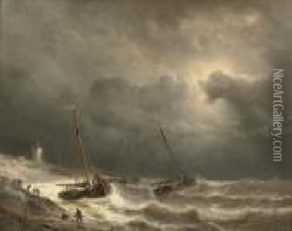 Securing The Ships At High-tide Oil Painting - Andreas Achenbach