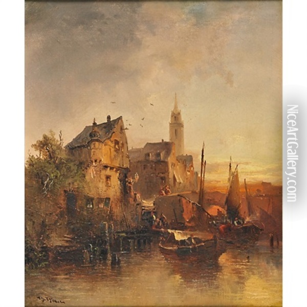 Harbor Scene Oil Painting - Heinrich Hiller