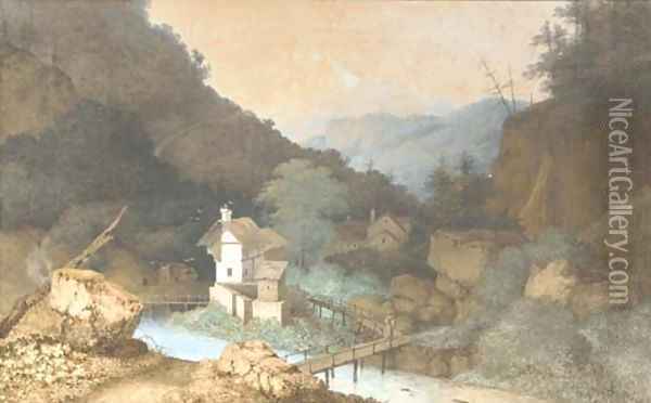 Farmhouses by a bridge over a river in a mountanious landscape Oil Painting - Mattheus Derk Knip