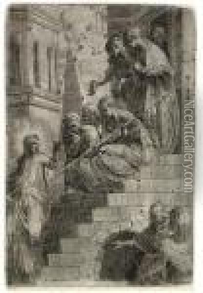 Christ And The Women On The Stairs (bartsch, Richardson 14) Oil Painting - Andrea Meldolla Schiavone