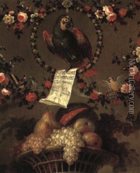 Still Life Of A Parrot Clutching A Music Score Perched Within A Hoop. . . Oil Painting - Pierre Nicolas Huilliot