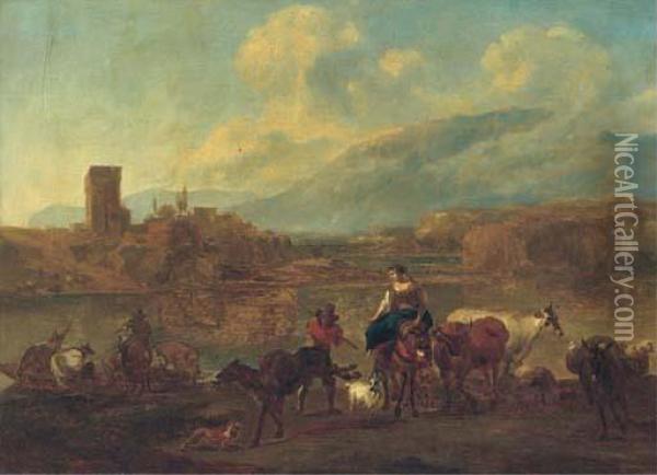 An Italianate Landscape With 
Cattle, Drovers And Travellerscrossing A Ford, A Village Beyond Oil Painting - Nicolaes Berchem