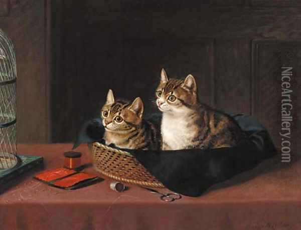 Two kittens in a basket watching a bird in a cage Oil Painting - Horatio Henry Couldery