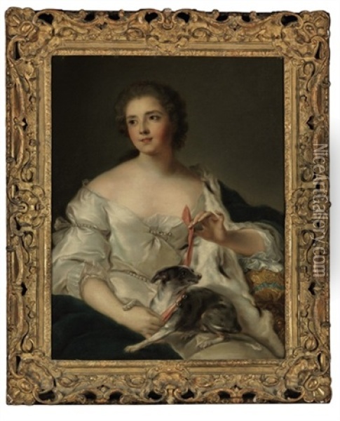Portrait Of Henriette Nicole, Duchesse De Luynes, With Her Dog Oil Painting - Jean Marc Nattier