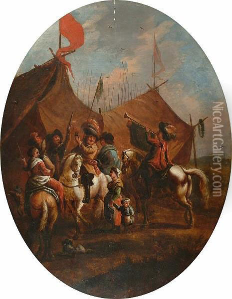 A Military Encampment Oil Painting - Pieter Wouwermans or Wouwerman