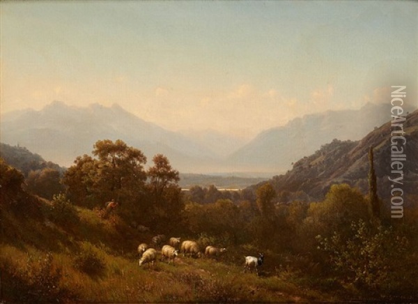 Troupeau De Moutons Dans Un Paysage Alpestre Oil Painting - Jean Philippe George-Julliard
