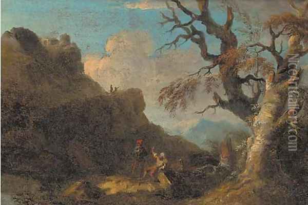 A mountainous landscape with figures resting by a tree Oil Painting - Salvator Rosa