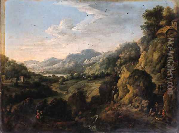 A Rhenish landscape with travellers on a track by a waterfall Oil Painting - Jan Griffier
