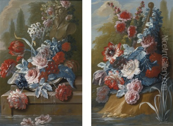 Bouquets Of Flowers On A Ledge Above Water (pair) Oil Painting - Mary Moser