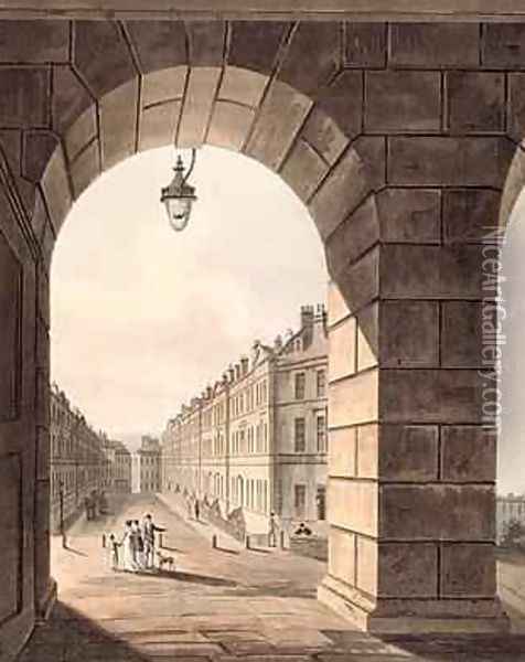 Pulteney Street Terminating in Laura Place seen through the Gateway of Sydney Gardens from Bath Illustrated by a Series of Views 1806 Oil Painting - John Claude Nattes