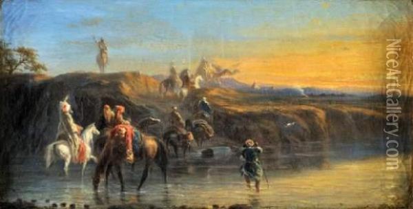 Le Passage Du Gue. Oil Painting - Eugene Napoleon Flandin