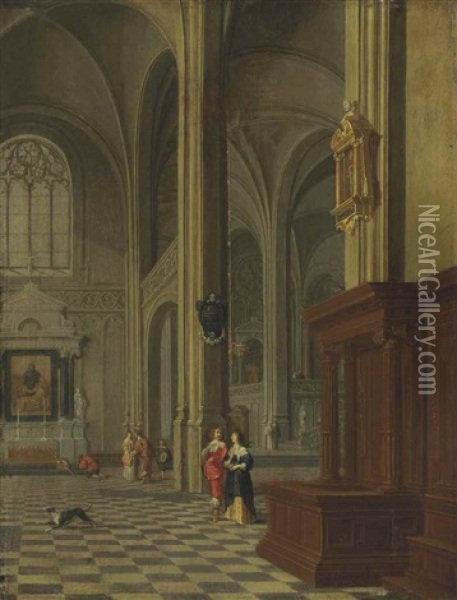 A Gothic Church Interior With Elegant Figures Oil Painting - Gerard Houckgeest