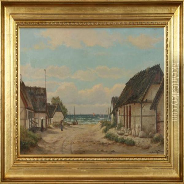 Coastal Scenery With A Small Village Oil Painting - Johann Jens Neumann
