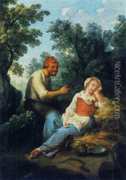 A Wooded Landscape With A Peasant Smoking And A Young Girl Asleep Oil Painting - Paolo Monaldi