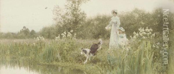 A Mother And Child With Their Sheepdog On The Banks Of A River Oil Painting - Thomas Lloyd